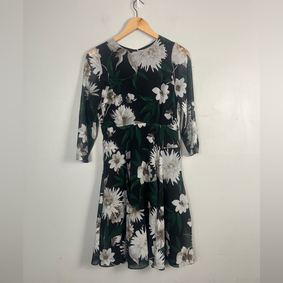 Hobbs London Dress green white black Floral Print Midi Length Dress size 2 - Picture 3 of 11